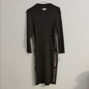 Calvin Klein Black Long Sleeve Sweater Dress With Gold Sparkles. Size XL